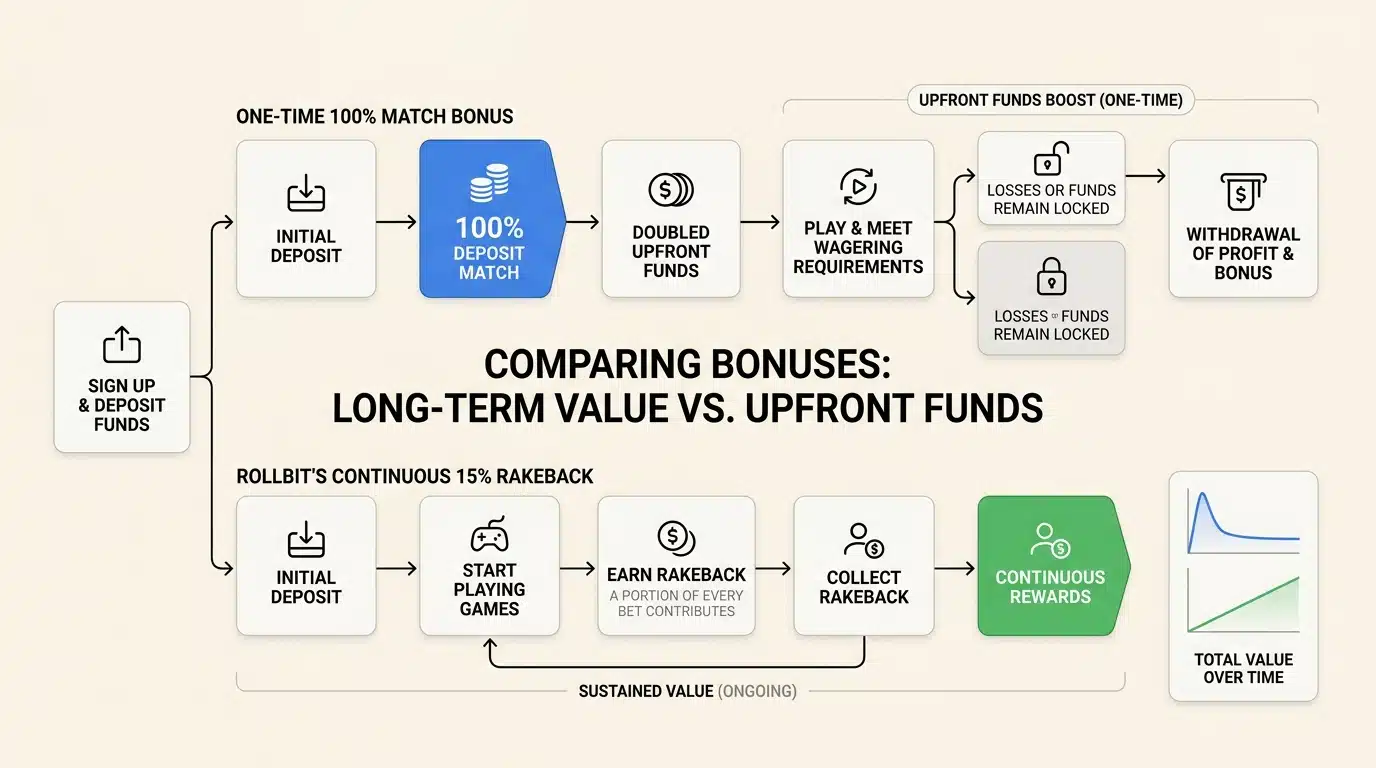 Rollbit Canada review 2026: Is it legal, bonuses & user experience? 5 While traditional bonuses offer upfront cash, Rollbitâs rakeback system provides ongoing returns based on your total wagering volume.