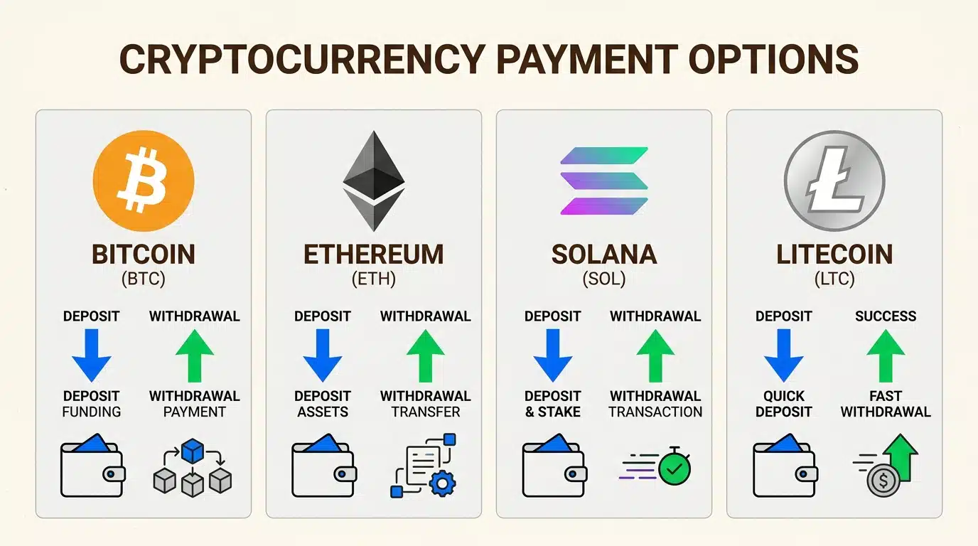 Rollbit accepts BTC, ETH, SOL, LTC, and their proprietary RLB token for deposits and withdrawals
