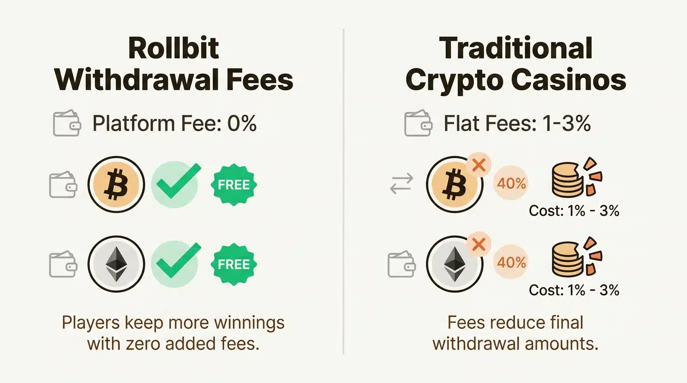 Rollbit withdrawal fee structure showing zero platform fees