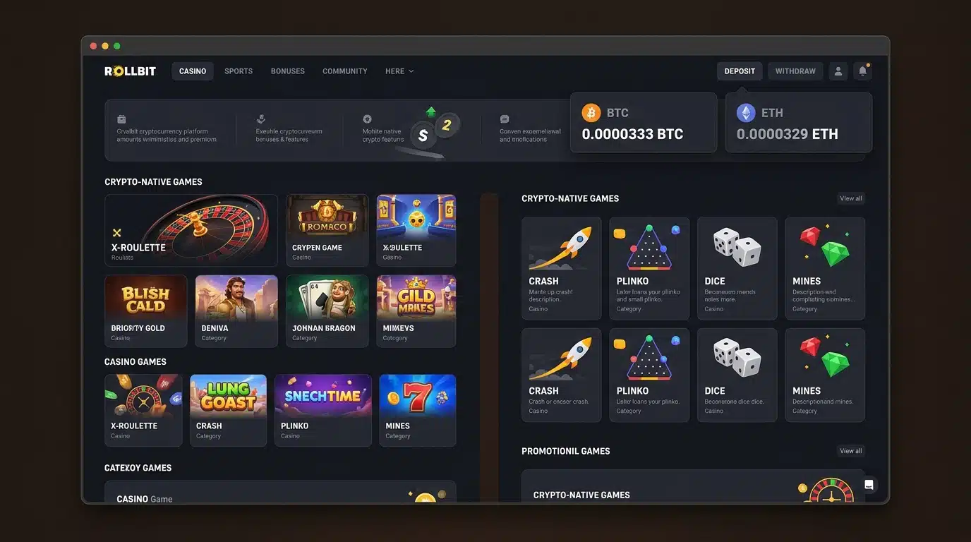 Rollbit dark-themed interface with integrated cryptocurrency balances for seamless wagering