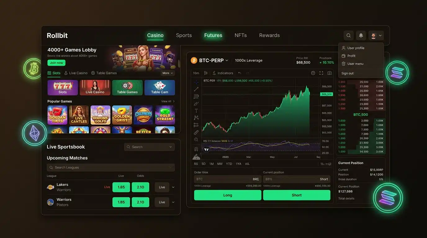 Best Rollbit promo code 2026: Unlock 15% rakeback & hidden bonuses 2 Rollbit casino, sportsbook, and crypto trading platform interface