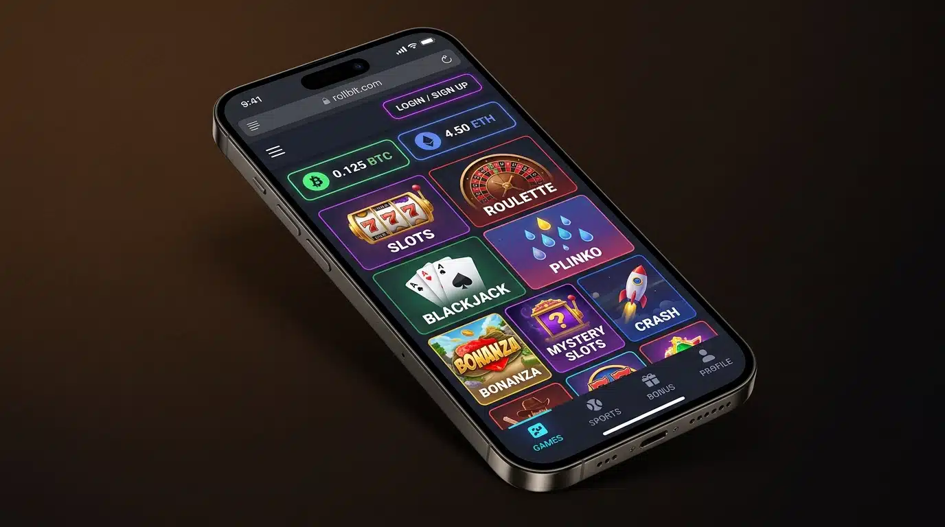 Rollbit mobile casino interface showing the browser-based gaming experience