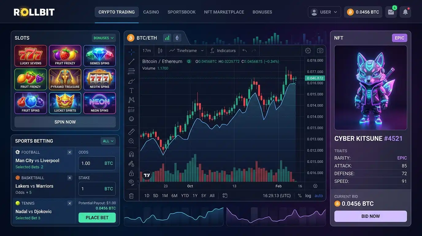 Rollbit Casino Guide 2026: Features, Pros & Cons + Safe Way to Get Started 2 Rollbit platform interface showing casino games and crypto trading features