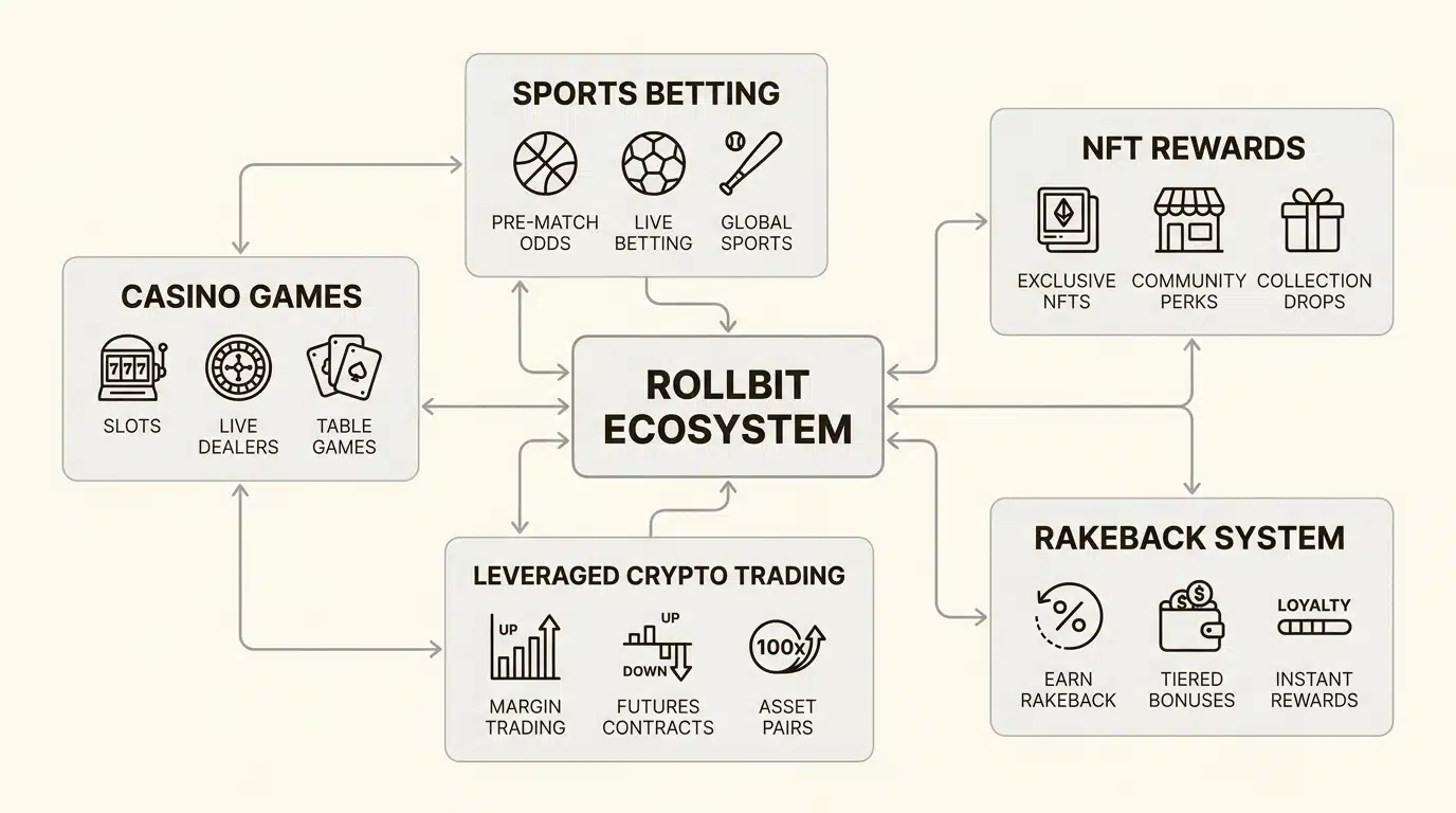 Rollbit integrates diverse gambling and financial features into a single crypto-native platform for high-risk users.