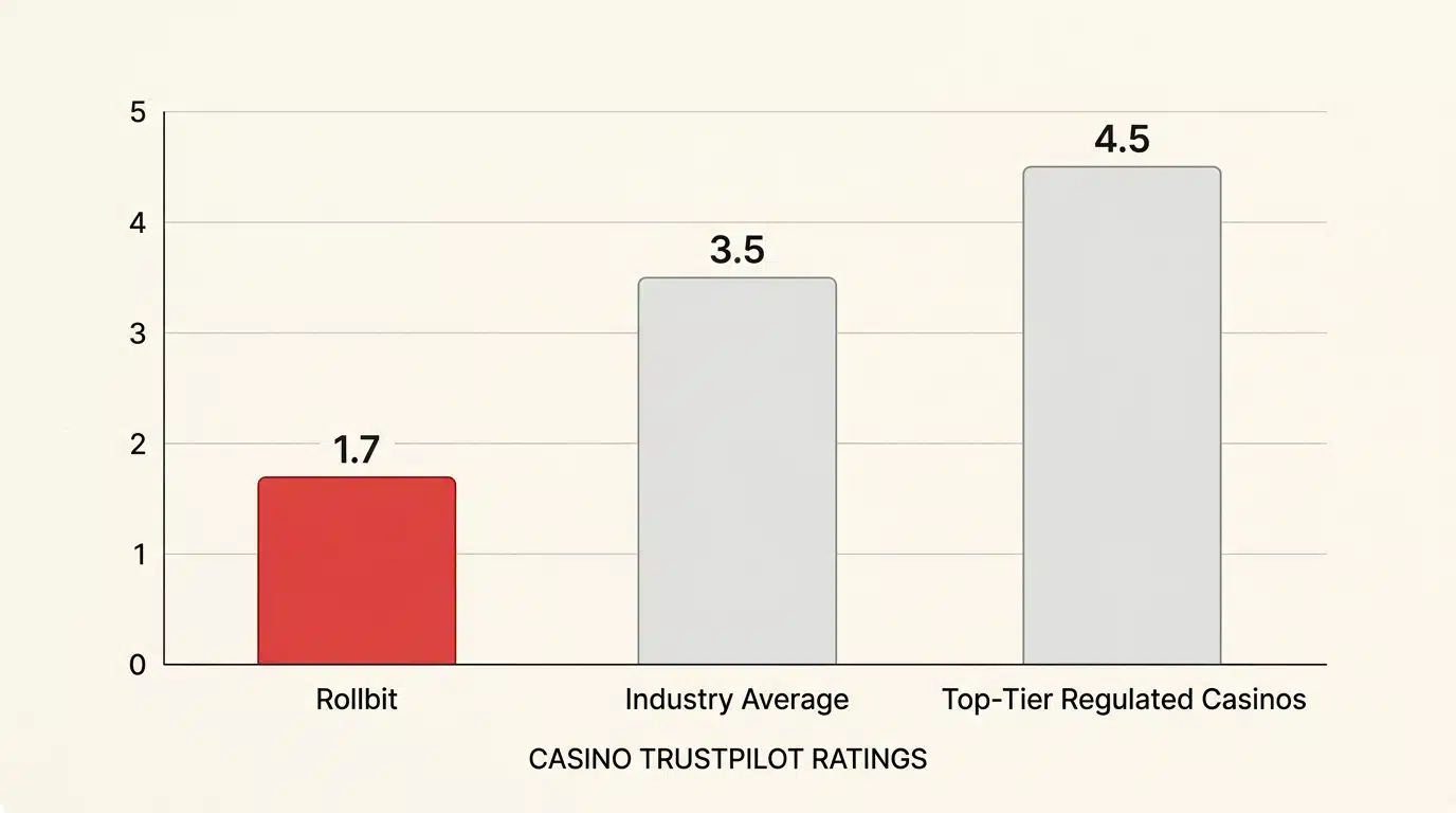 Rollbit’s low user rating on Trustpilot highlights significant dissatisfaction compared to industry-standard gambling platforms.